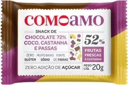 snack saudável de chocolate 72%, coco, castanha e passas