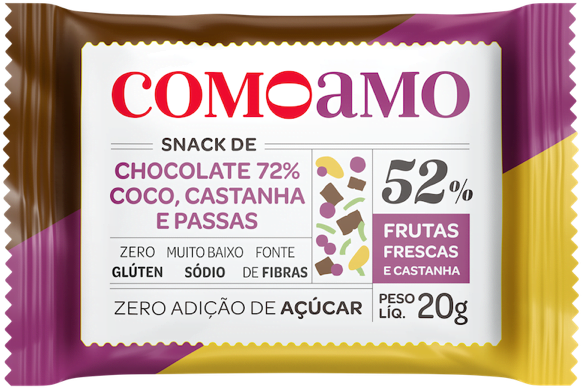 snack saudável de chocolate 72%, coco, castanha e passas como amo